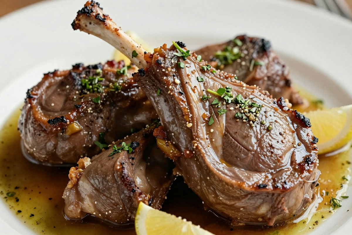 Agnello cotto con una selezione di erbe aromatiche per un piatto saporito