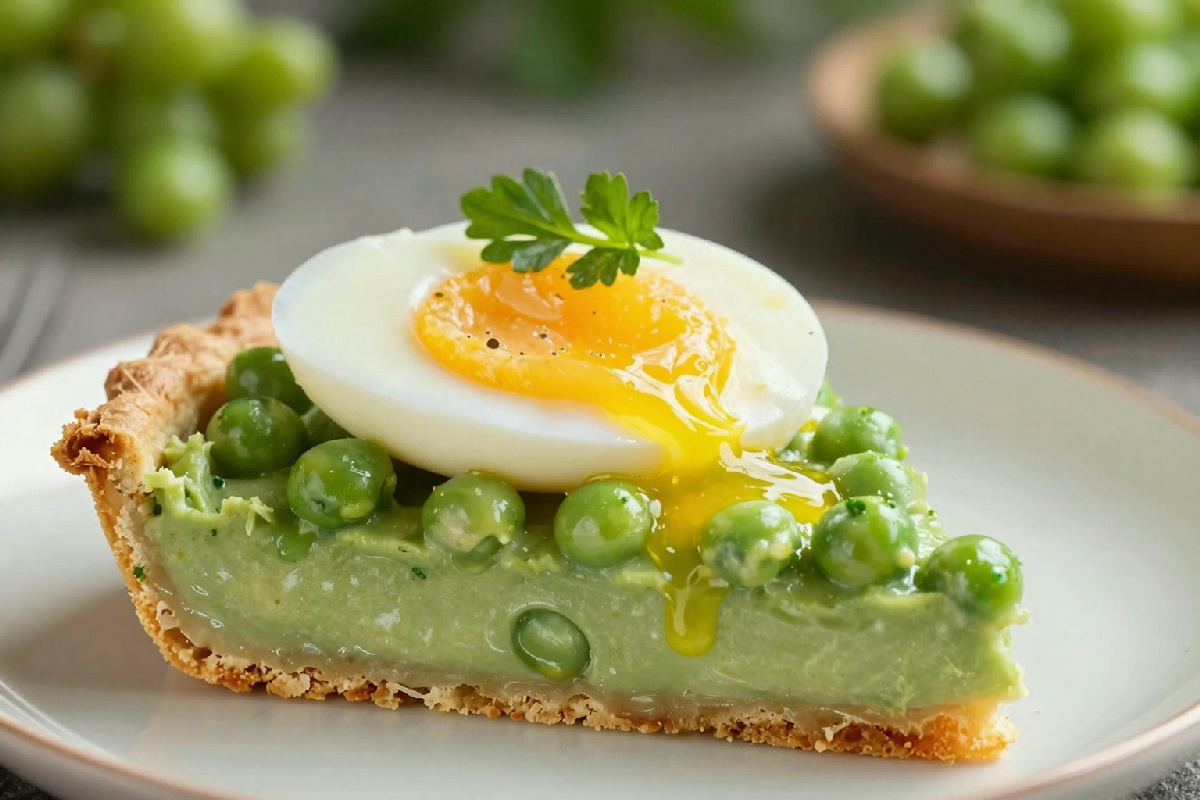 Torta salata con crema di piselli, uova barzotte e un tocco di erbe aromatiche fresche